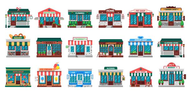 Shops facades. Laundry building, hardware store facade and pharmacy shop flat vector set Shops facades. Laundry building, hardware store facade and pharmacy shop. Business cafe, local shopping stores street supermarket or downtown restaurant. Flat vector isolated icons set bookstore stock illustrations