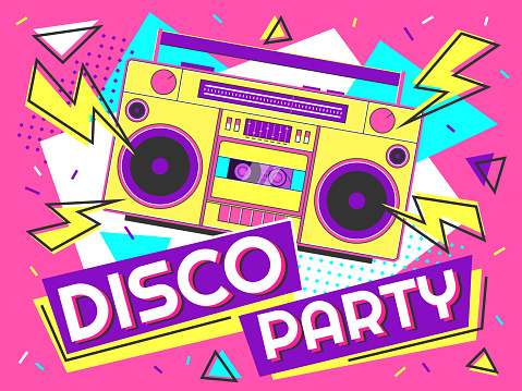 Disco party banner. Retro music poster, 90s radio and tape cassette player funky colorful design vector background illustration