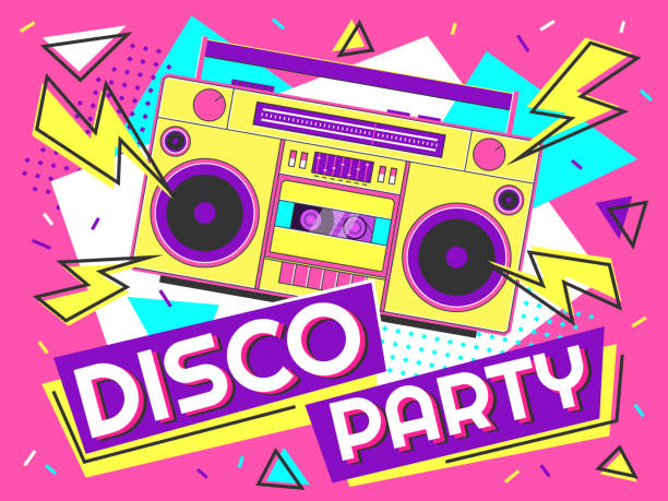 Disco party banner. Retro music poster, 90s radio and tape cassette player funky colorful design vector background illustration Disco party banner. Retro music poster, 90s radio and tape cassette player funky colorful design. Memphis music parties, 80s advertising audio poster vector background illustration 1980s style stock illustrations