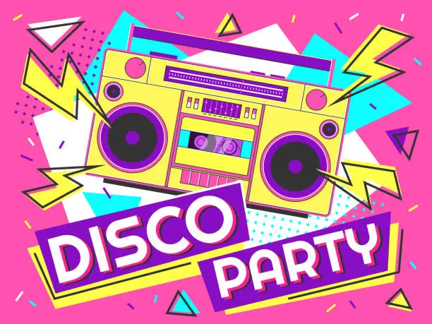 Vector illustration of Disco party banner. Retro music poster, 90s radio and tape cassette player funky colorful design vector background illustration