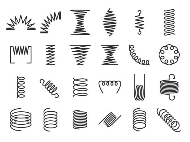 Spring coils. Metal spiral springs, metallic coil and linear spirals silhouette vector icon set Spring coils. Metal spiral springs, metallic coil and linear spirals silhouette. Vape or machine steel coil, twisted spiral flexibility spring part. Isolated vector icon set coiled spring stock illustrations
