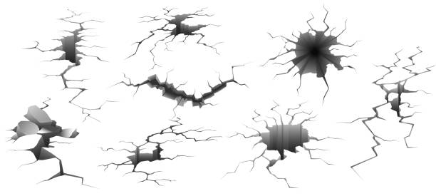 istock Earthquake crack. Ruined wall, hole in ground and destruction cracks isolated vector illustration set 1159046555