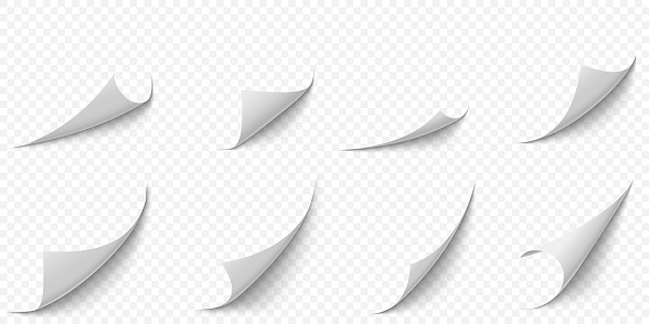 Curled paper corners. Curve page corner, pages edge curl and bent papers sheet with realistic shadow. Writing blank paper, a4 pages corners. Isolated 3d vector illustration icons set