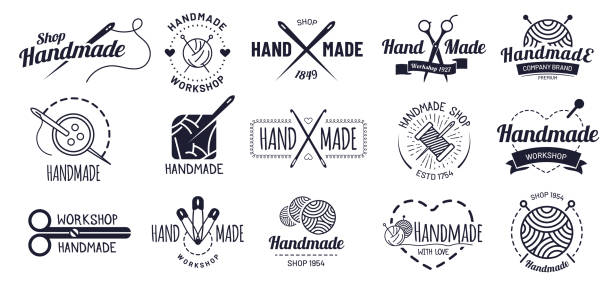 Handmade badges. Hipster craft badge, vintage workshop labels and handcraft logo vector illustration set Handmade badges. Hipster craft badge, vintage workshop labels and handcraft logo. Logotype workshop, hand made craft insignia tag or authentic ink sticker. Isolated icons vector illustration set homemade stock illustrations