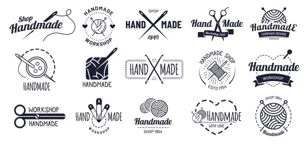 Vector illustration of Handmade badges. Hipster craft badge, vintage workshop labels and handcraft logo vector illustration set