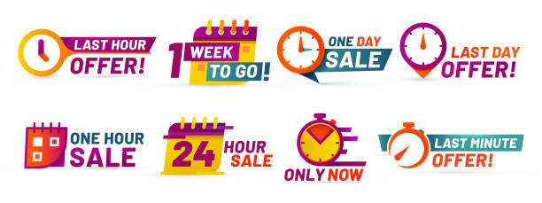 Sale countdown badges. Last minute offer banner, one day sales and 24 hour sale promo stickers vector set Sale countdown badges. Last minute offer banner, one day sales and 24 hour sale promo stickers. business limited special promotions, best deal badge. Isolated vector icons set commercial event stock illustrations