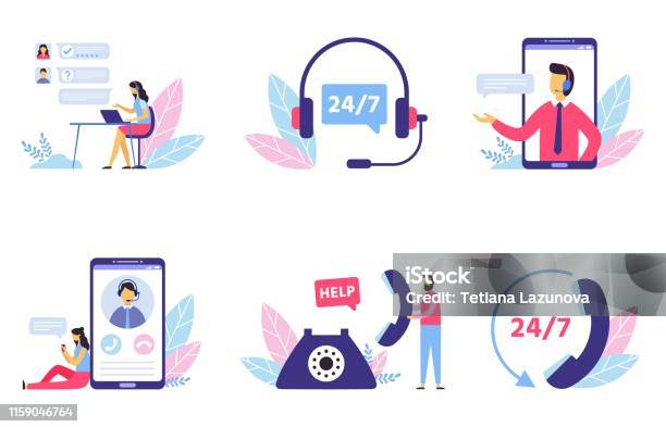 Customer Support Personal Assistant Service Person Advisor And Helpful Advice Services Flat Vector Illustration Set Stock Illustration - Download Image Now
