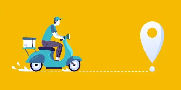 Vector illustration of Delivery man on scooter. Food deliveries courier, delivering on city bike and delivery route vector illustration