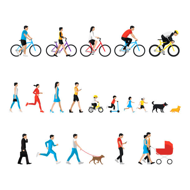 ilustrações de stock, clip art, desenhos animados e ícones de people set. man, woman, children, boy, girl, dog. people in activity - walk cycle