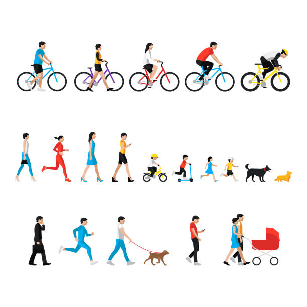 People set. Man, woman, children, boy, girl, dog. People in activity People set. Man, woman, children, boy, girl, dog. People in activity, walking with dog, go for a walk, go to work, runnig people, ride a bike, looking at smartphone. Flat icon set isolated on white. cycling stock illustrations