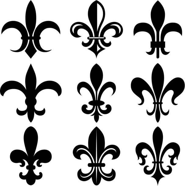 Set of Black & White Fleur-de-lys Symbols Set of ornate, decorative black and white fleur-de-lys symbol illustrations. fleur stock illustrations