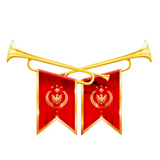 Vector illustration of Fanfare for winner - two crossed royal trumpets, golden horn, triumph