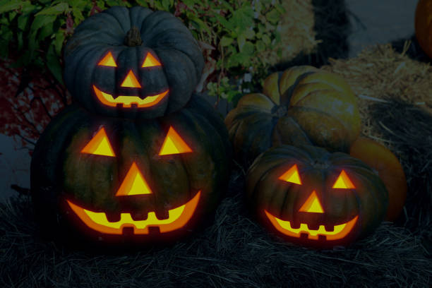 istock set jack lantern burning smile awesome decor halloween traditional kraft pumpkin 1159050899