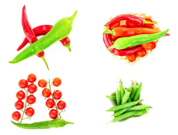 culinary design set of hot peppers red green pod long. Cherry Ornament on a branch with chili pepper basket of tomatoes green pod of fresh peas on a white background