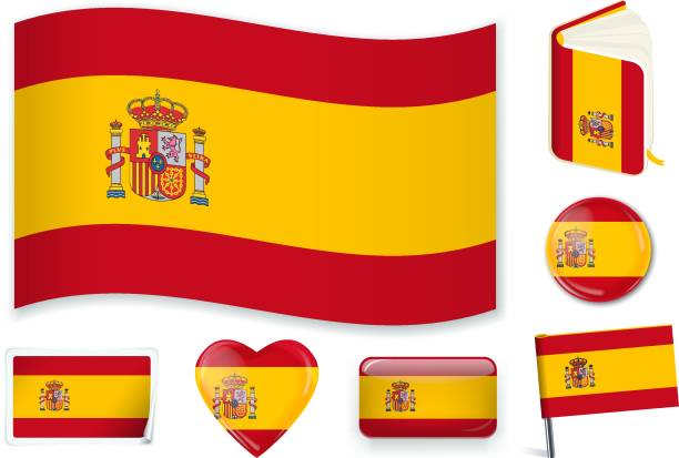 Spanish national flag vector illustration in several shapes. Spain. Spanish national flag in wave, book, circle, pin, button, heart and sticker shapes. spanish flag stock illustrations