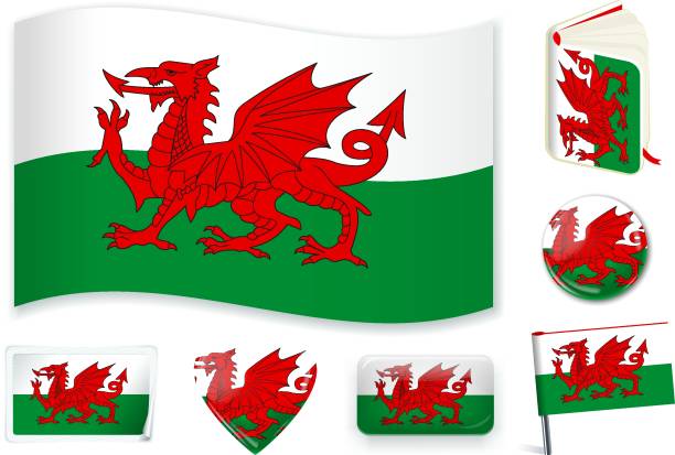 Wales_flag Wales flag in wave, book, circle, pin, button, heart and sticker shapes. welsh flag stock illustrations
