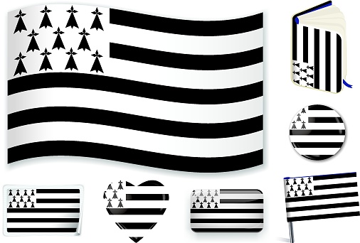 Brittany flag in wave, book, circle, pin, button, heart and sticker shapes.