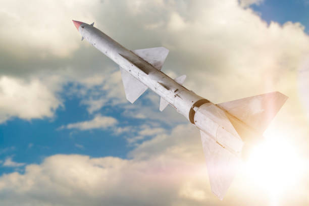 istock a military missile in flight against the sky. 1159053756