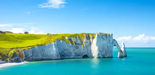 Photo of Picturesque panoramic landscape on the cliffs of Etretat. Natural amazing cliffs. Etretat, Normandy, France, La Manche or English Channel. Coast of the Pays de Caux area in sunny summer day. France