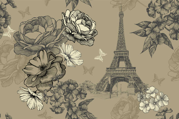 Eiffel tower with roses, phloxes and butterflies on a vintage, seamless background. Hand-drawn, vector illustration. Eiffel tower with roses, phloxes and butterflies on a vintage, seamless background. Hand-drawn, vector illustration. eiffel tower paris illustrations stock illustrations