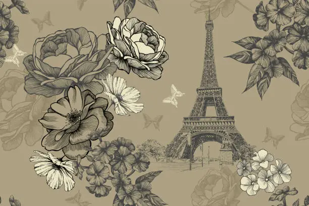 Vector illustration of Eiffel tower with roses, phloxes and butterflies on a vintage, seamless background. Hand-drawn, vector illustration.