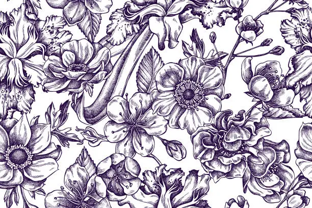 Vector illustration of Artistic pattern with anemone, iris japonica, sakura
