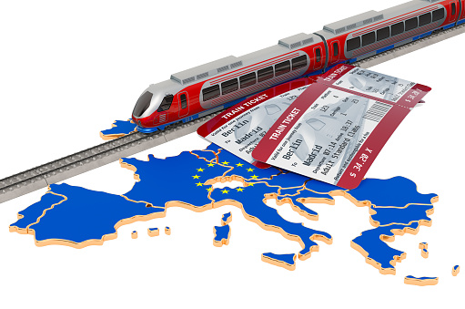 Train travel in the European Union, concept. 3D rendering isolated on white background