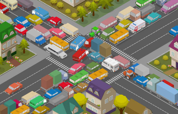 ilustraciones, imágenes clip art, dibujos animados e iconos de stock de atascos de tráfico coches isométricos y casas para la ilustración de carretera ocupada. - traffic jam illustrations