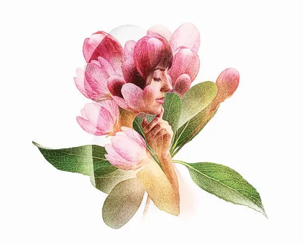Vector illustration of Multiple Exposure of young woman and apple blossoms