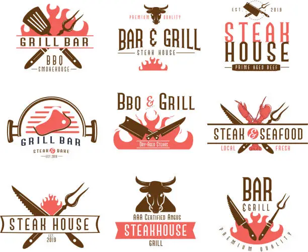 Vector illustration of Set of BBQ Labels with unique shapes and text designs as well as grill elements