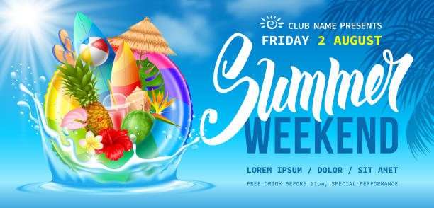 Summer Weekend Party Flyer Template Advertising flyer template for summer weekend party near the pool or seacoast. Swim ring, tropical leaves, flowers, fruits and exotic cocktail. Blue sky and clouds on background. Vector illustration. pool party stock illustrations