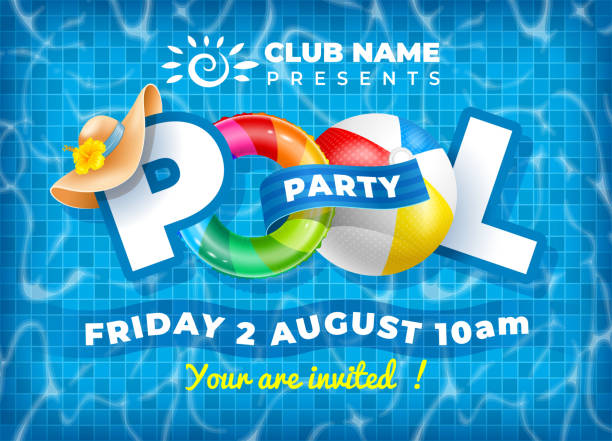 ilustrações de stock, clip art, desenhos animados e ícones de pool party poster template - swimming pool party summer beach ball