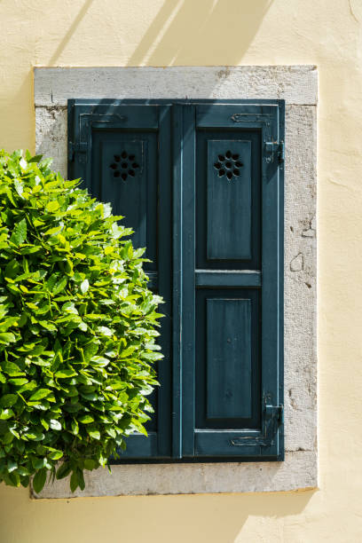 istock closed blue green wooden shutters, concrete wall 1159070836