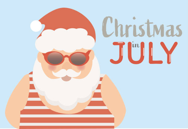 ilustraciones, imágenes clip art, dibujos animados e iconos de stock de navidad en julio vector. papá noel disfrutando del verano. - julio