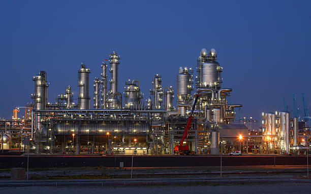 Twilight view of an oil refinery stock photo