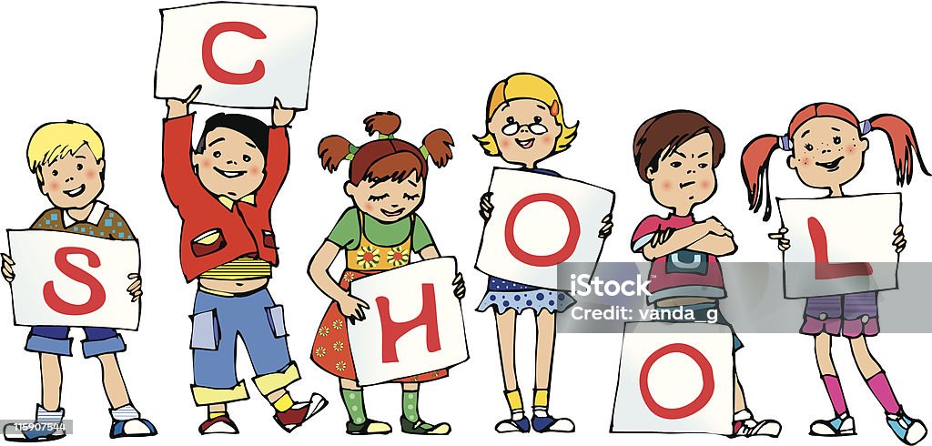 School Group of small pupils holding lists of paper, word "school" written Alphabet stock vector