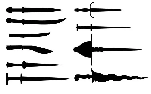 Vector illustration of Daggers - a set of silhouettes cold weapons of different eras