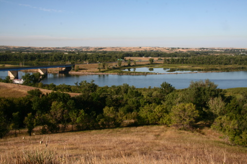 View of Missouri River and Grant Marsh Bridge from Ward Indian Village overlook.