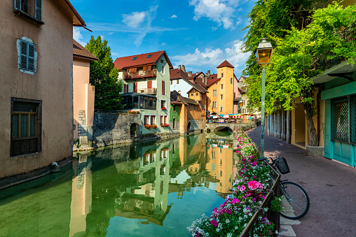 Bright streets of small French town in summer. Annecy, France