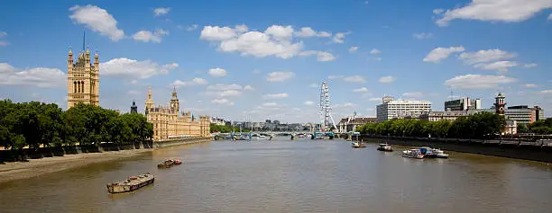 Panorama of London, looking down the Thames, with the Houses of Parliament on the left.