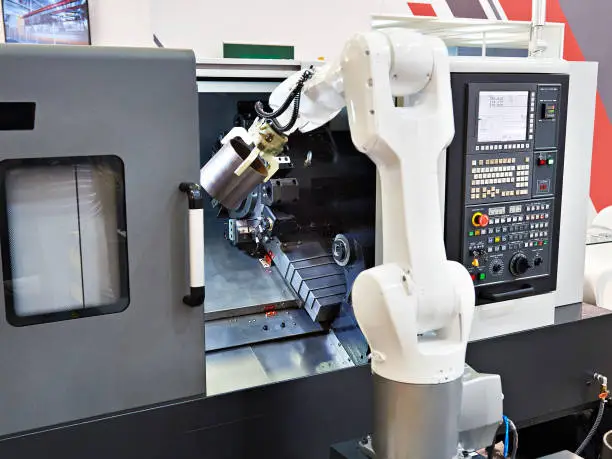 Photo of Robotic arm and cnc lathe machine
