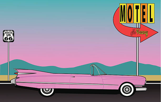 Cartoon image of a pink car driving to a motel A pink Caddy sits in a motel parking lot on Route 66 somewhere in the desert. small town main street stock illustrations