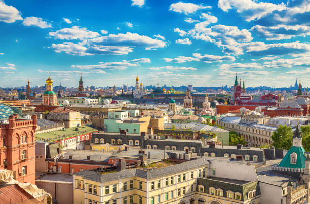 Aerial view at historic center of Moscow, Russia View of the center of Moscow from the observation deck of the Central Children's Store on Lubyanka. moscow russia stock pictures, royalty-free photos & images