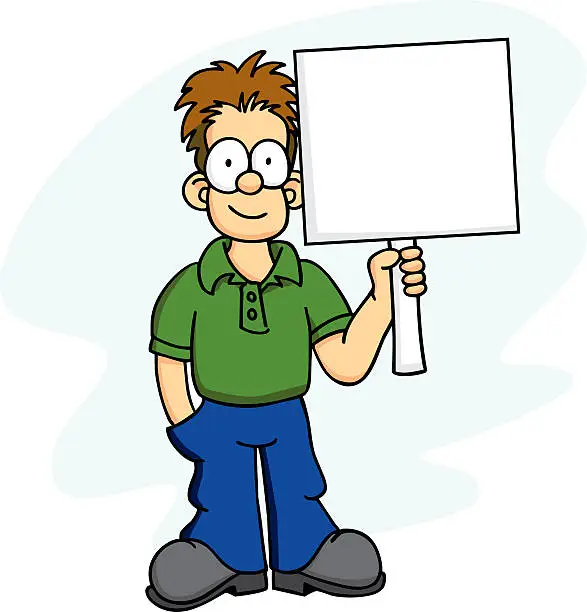 Vector illustration of A cartoon of man holding up a large white blank sign