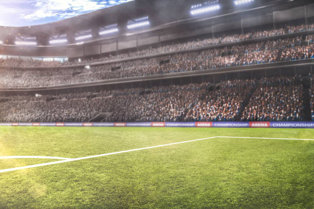 istock sunny soccer field with lights and spectators panorama 3d rendering 1159090166