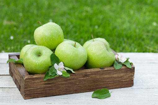 Fresh garden green apples in box. On grass meadow with copy space for your text