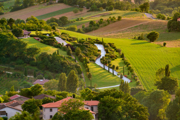 vallées ensoleillées vertes de l'italie. ombrie, fossato di vico - tuscan cypress photos et images de collection