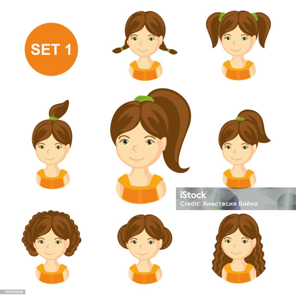 Cute Little Girls With Various Hair Style Stock Illustration - Download  Image Now - Ponytail, Girls, Braided Hair - iStock