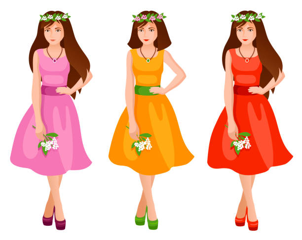 ilustrações de stock, clip art, desenhos animados e ícones de cute girls in spring or summer fashion dress. women with a bouquet of flowers. - diadem red green blue