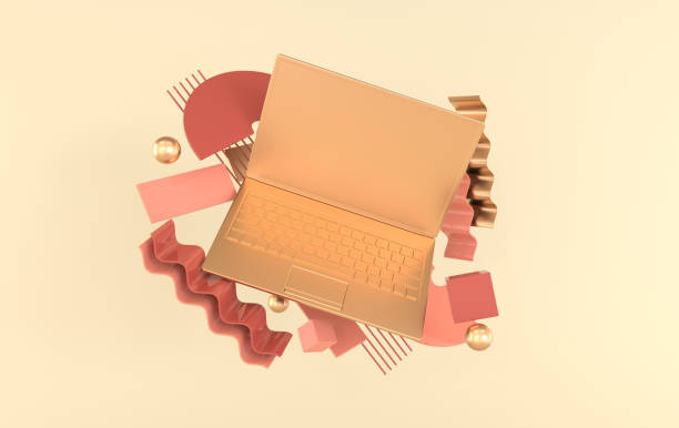 istock Laptop and different geometric objects mockup background in modern minimal style. Notebook 3d render in pastel colors. Technology gadget concept 1159096440